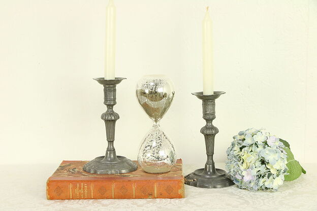 Pair Antique Victorian Pewter Candle Holders or Sticks #30366 photo