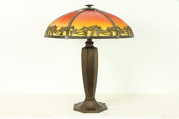 Art Deco Antique Lamp, Reverse Painted Red Glass Shade #31336 photo