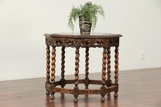 English Tudor Octagonal Antique Oak Coffee or Chairside Table #29928 photo