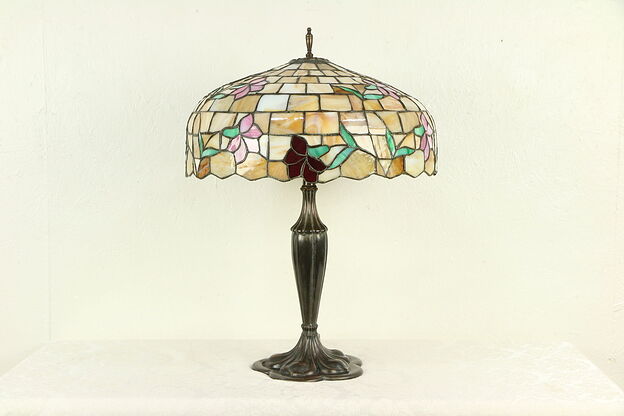 Leaded Stained Glass Shade Antique 1915 Table Lamp, Cracks #29944 photo