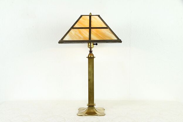 Craftsman Period Antique Brass Table Lamp, Stained Glass Shade #30876 photo