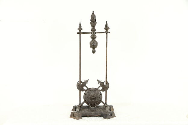 Victorian Cast Iron Antique Fireplace Tool Holder, Lion Head & Shields #31146 photo