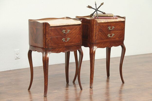 Pair of Antique End Tables or Nightstands, Banding, Marble Tops, Italy #29019 photo
