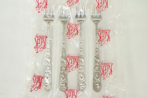 Repousse Kirk Stieff Sterling Silver Set 4 Cocktail Forks New in Bag #29052 photo
