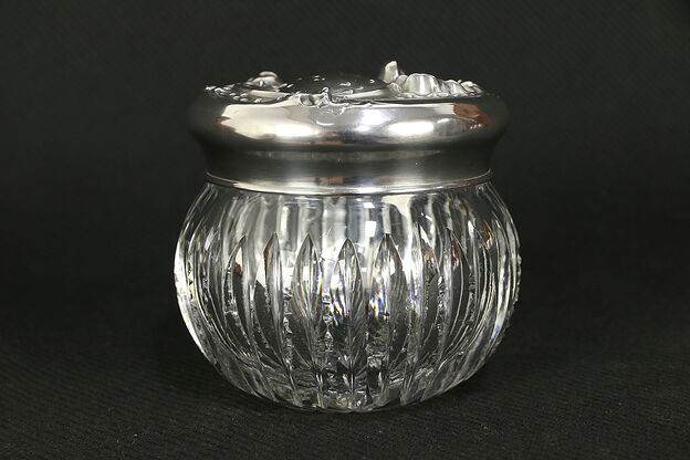 Victorian Antique Cut Glass Boudoir Jar, Sterling Silver Lid with Poppies #30226 photo