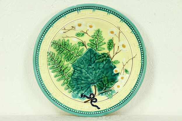 Majolica Plate with Leaf, Fern & Bow, Greek Key, Signed Hornberg #28652 photo