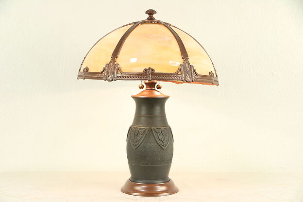 Art Deco Stained Glass Panel Shade Antique Table Lamp photo