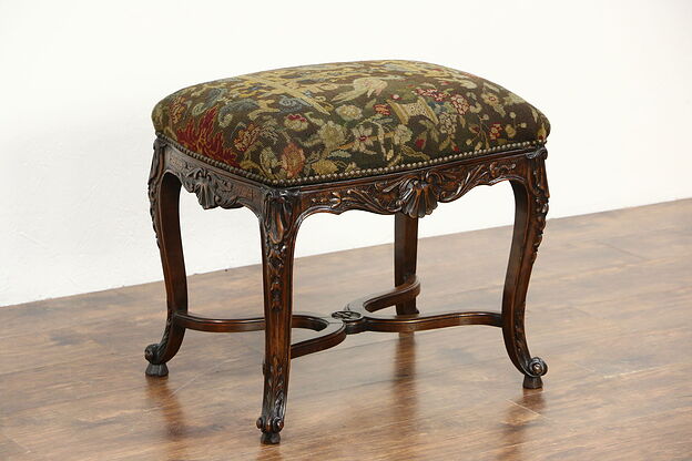 French Hand Carved Antique Bench or Footstool, Needlepoint & Pettipoint Birds photo