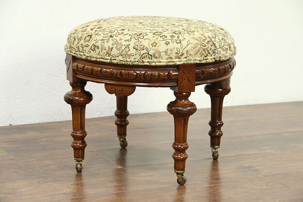 Victorian Antique 1875 Round Footstool, Carved Walnut, New Upholstery photo