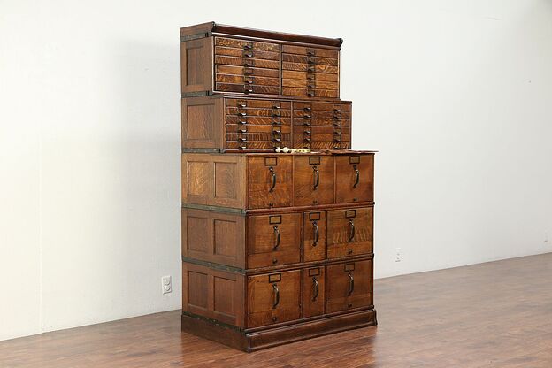 Stacking 33 Drawer Quarter Sawn Oak Antique File Cabinet, Signed Globe #29940 photo