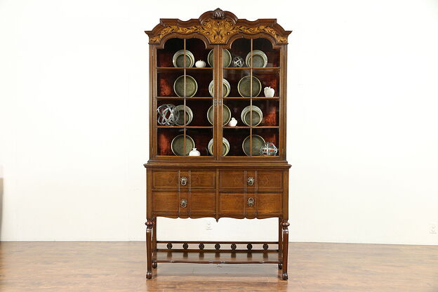 English Carved Oak Marquetry Antique China Curio Display Cabinet #30273 photo