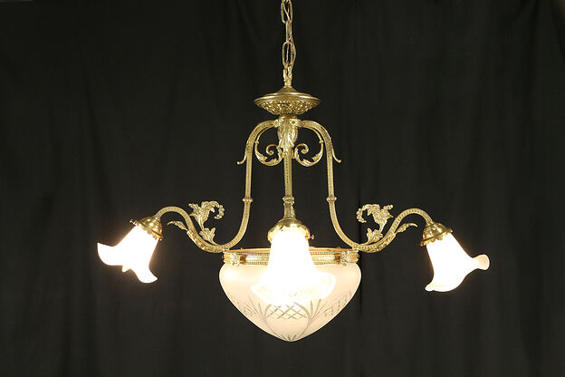 Brass Vintage Chandelier with 5 Etched or Cut Glass Shades #31165 photo