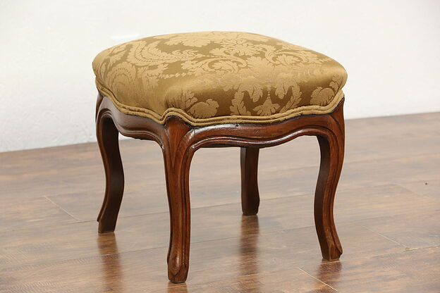 French Carved Walnut Antique 1890's Footstool, New Upholstery photo