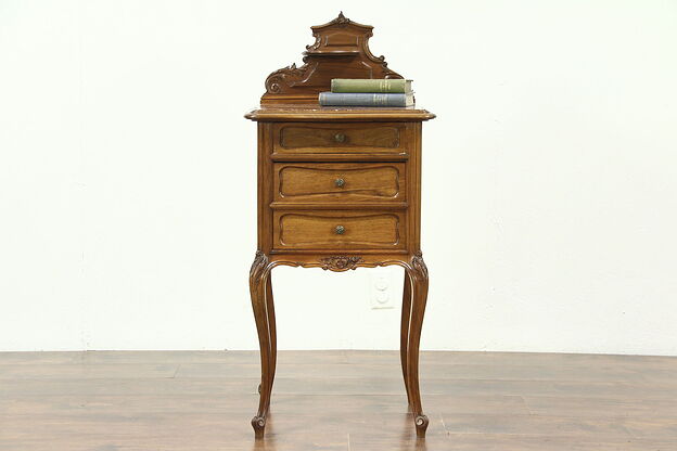 French Antique Carved Walnut Nightstand or Pedestal, Rouge Marble Top photo