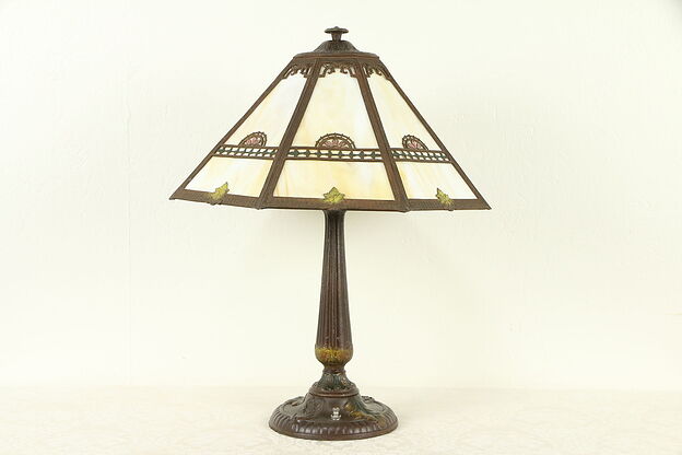 Hand Painted Antique Lamp, Stained Glass 8 Panel Shade #32042 photo