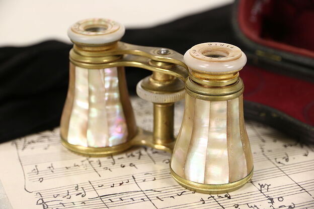 French 1900 Antique Pearl Opera Glasses, Signed Marchand Paris, Leather Case photo