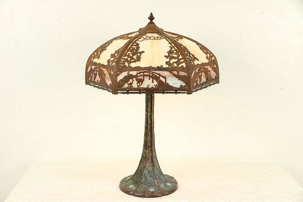 Hand Painted Antique Lamp, Stained Glass Shade Birds & Bridges #29850 photo