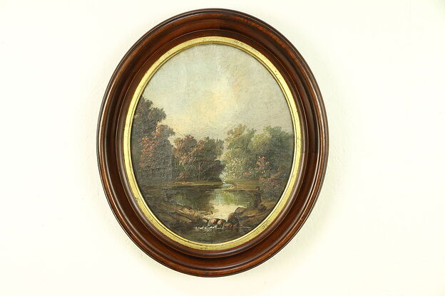 Fishing at a Pond, Antique 1850's Original Oil Painting Oval Walnut Frame #30361 photo