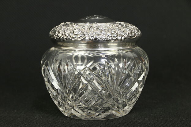 Victorian Sterling Silver & Cut Glass Antique Boudoir Jar, Mono #32048 photo