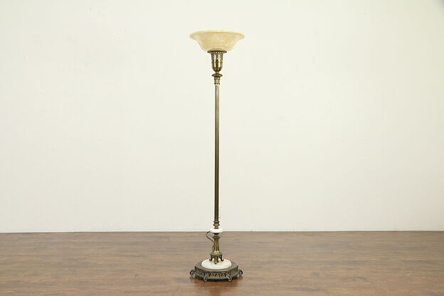 Torchiere Vintage Floor Lamp, Onyx Mounts, Embossed Glass Shade #32129 photo