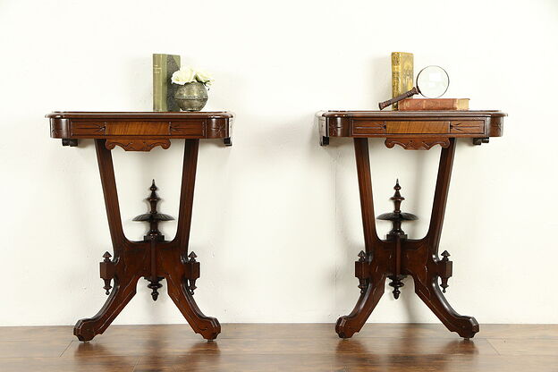 Pair of Victorian Eastlake Antique Walnut Wall Console Tables #32135 photo