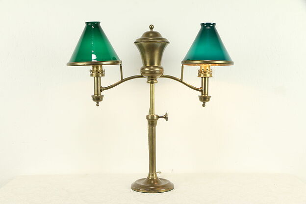 Victorian Brass Emerald Glass Shade Double Student Desk Lamp Pat.1873  #32252 photo