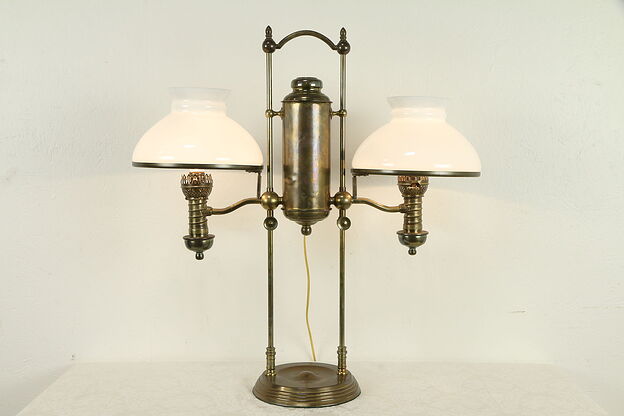 Victorian Antique Brass Double Desk Oil Lamp, Electrified, Manhattan 1876 #32287 photo