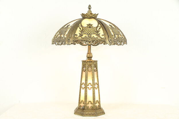 Stained Glass Panel Shade Antique Lamp, Lighted Base, Bronze Finish #32310 photo