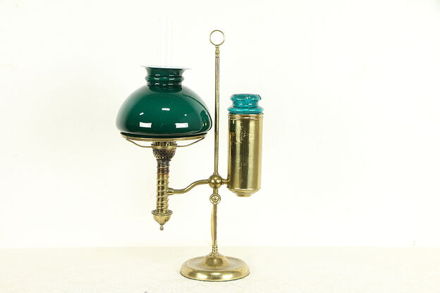 Brass Antique Student Desk Lamp, Emerald Shade, Pat Manhattan 1879 #32338 photo