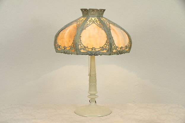 Ivory Classical Curved Stained Glass 8 Panel Shade Antique Lamp #32362 photo