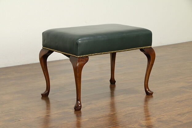 Traditional Mahogany Vintage Bench or Stool, Leather & Brass Nailheads #32491 photo