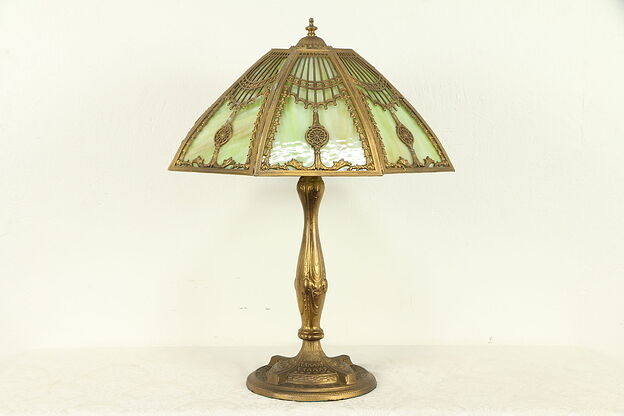 Stained Glass Antique 1915 Lamp, 8 Curved Panel Filigree Shade #32534 photo
