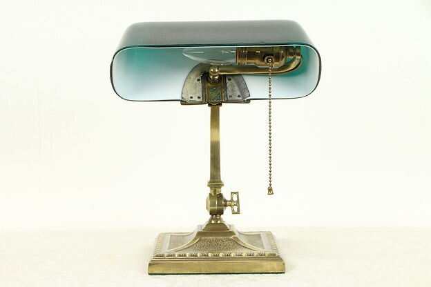 Verdelite Emerald 1917 Pat Antique Brass Banker Desk or Piano Lamp, Chips #32585 photo