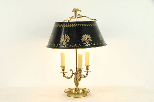 Classical Brass 3 Candle Vintage Lamp, Adjustable Painted Toleware Shade #32618 photo