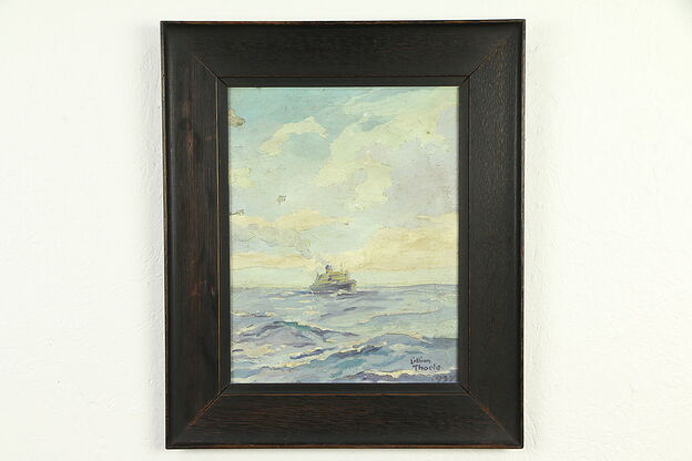 Ship at Sea, Original Oil Painting, Lillian Thoele 1937, Oak Frame #32692 photo
