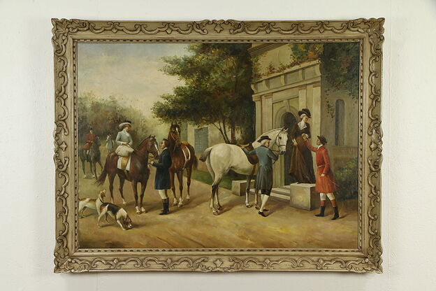 English Country House Courtyard Scene, Antique Original Oil Painting #32696 photo
