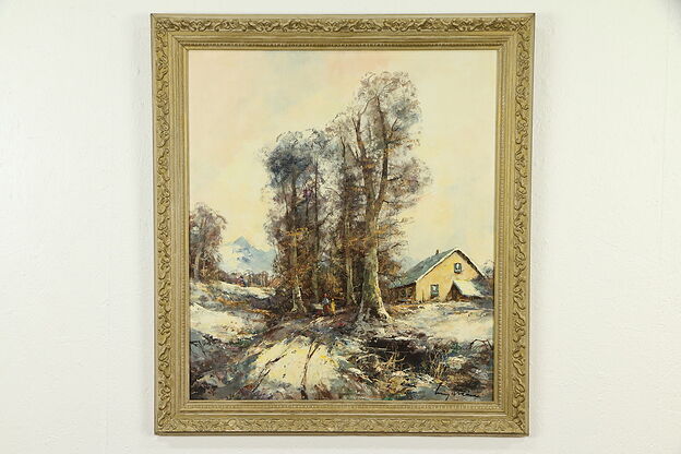 Farmhouse in Winter with Mountains, Vintage Original Oil Painting, Weiss #32699 photo
