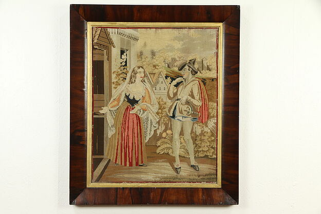 Renaissance Scene Antique Needlepoint Tapestry, Rosewood Frame #32713 photo