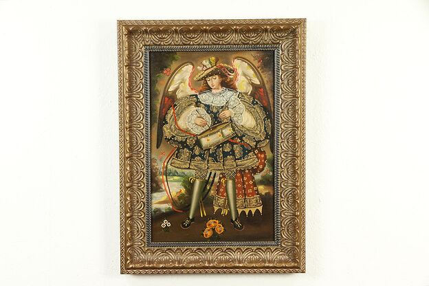 Spanish Colonial Angel Painting after 1600's Cuzco Peru Original, Framed #32728 photo