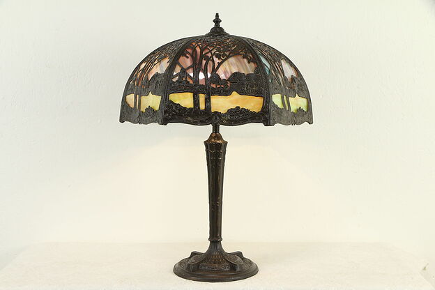 Curved Stained Glass 20" Shade Antique 1915 Panel Lamp, Dutch Scene #32848 photo