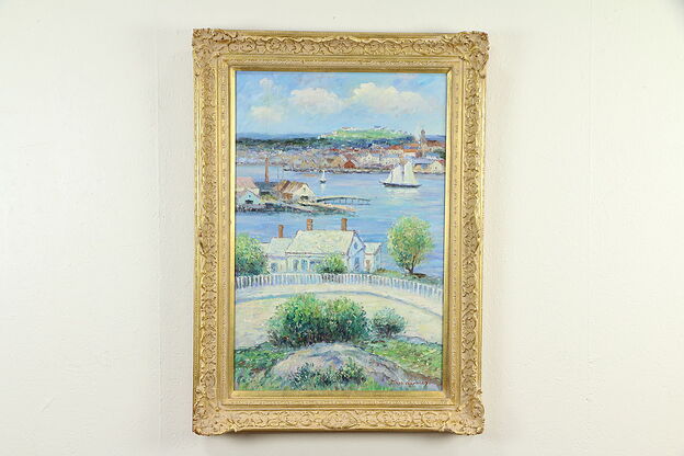Harbor in France, Original Oil Painting, Signed Clymer, Gold Frame #32852 photo