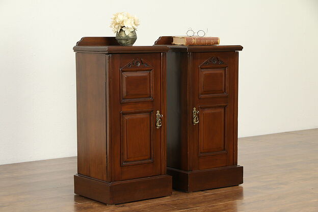 Pair of English Antique Carved Walnut Nightstands or End Tables #32865 photo
