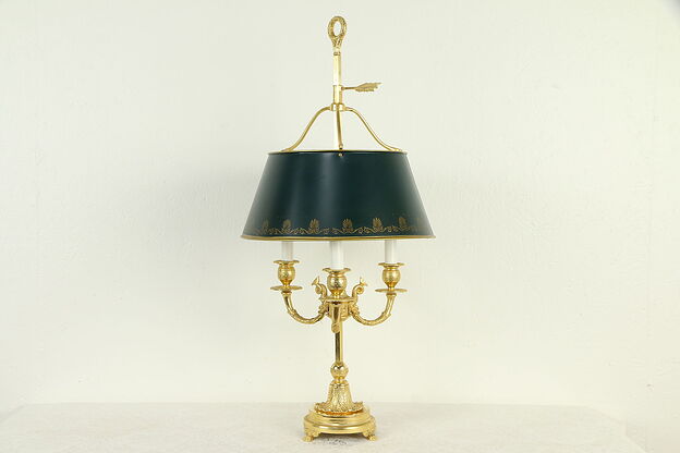 Classical Gold Plated 3 Candle Vintage Lamp, Painted Toleware Shade #32878 photo