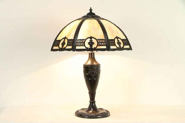 Stained Glass 8 Panel Shade Antique Lamp, Torch & Swag Motif #32890 photo