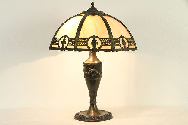 Stained Glass 8 Panel Shade Antique Lamp, Dark Bronze Torch & Swag Motif #32900 photo
