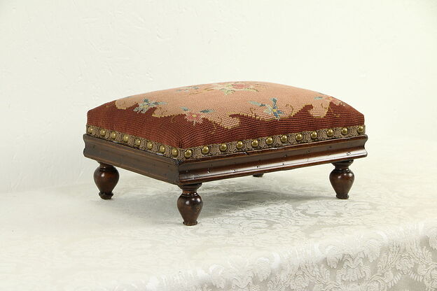 Victorian Antique 1850 Maple Footstool, Needlepoint Upholstery #32917 photo