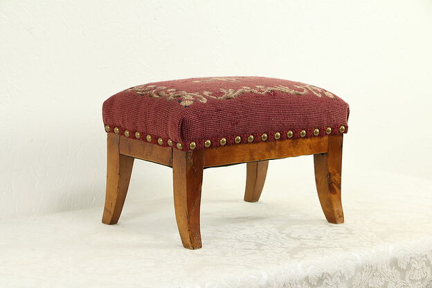 Fruitwood Antique French 1820's Footstool, Hand Stitched Needlepoint #32918 photo