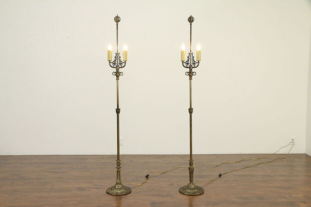 Pair of Brass Antique 2 Candle Floor Lamps, Viking Ship Finials  #32994 photo