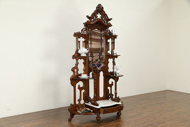 Victorian Antique Walnut Etagere Curio Display Cabinet, Marble Base #32998 photo