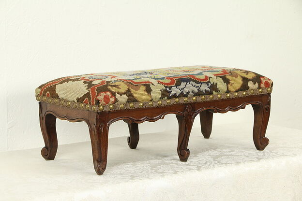 Country French Antique Carved Footstool, Needlepoint Upholstery #33023 photo